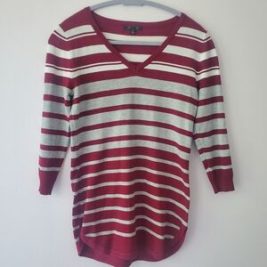 Lety & Me Striped 3/4 Sleeve Knit Sweater Burgundy & Gray XS Preppy Academia